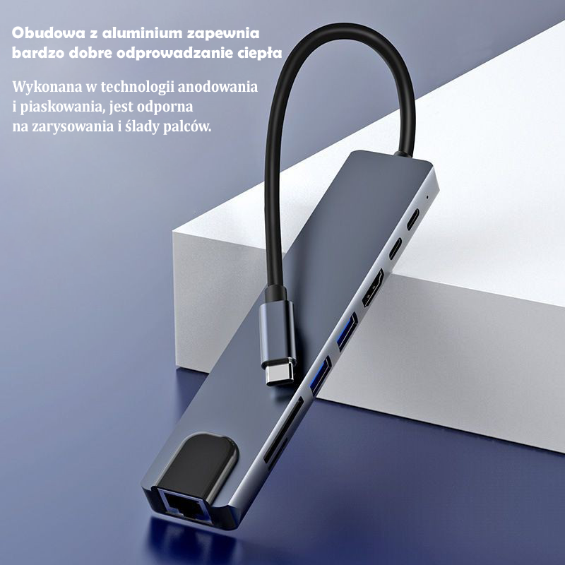 HUB Adapter USB-C 8w1 – Aluminium HDMI , USB, RJ45, USB-C, Stacja dokująca