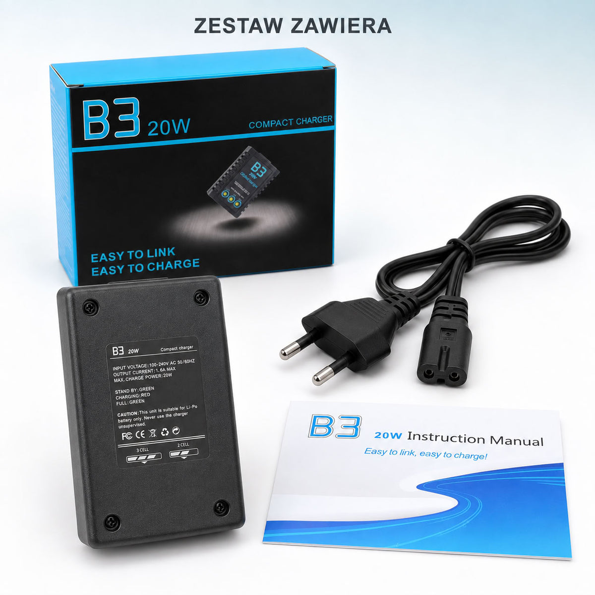 ŁADOWARKA B3 20W 1,6A LIPO 2S 3S BALANSER 7,4V 11,1V DO RC ASG 230V AC