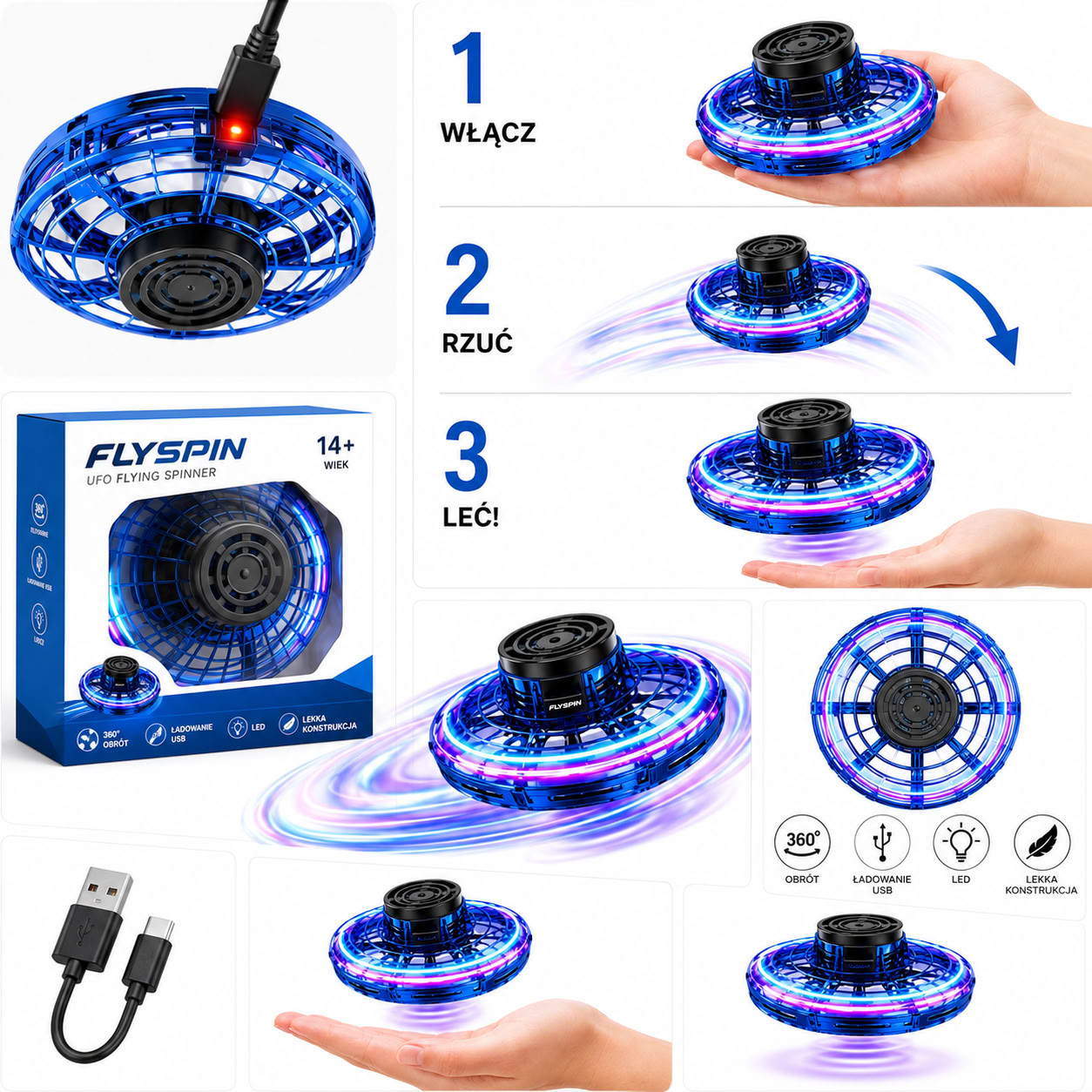 LATAJĄCY FLYING SPINNER UFO LED BUMERANG DRON STEROWANY RĘKĄ DLA DZIECI HIT