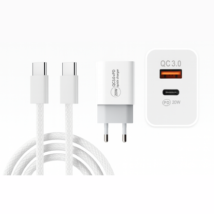 ŁADOWARKA Szybkie Ładowanie do Telefonów 20W + KABEL SZYTY USB-C 1M