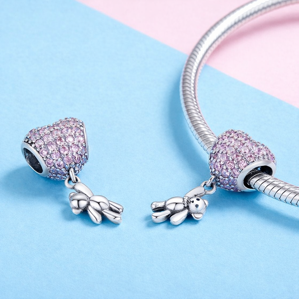 Charms Zawieszka Pave Misiek z Sercem Charmsy Srebna Prezent Dla Kobiety