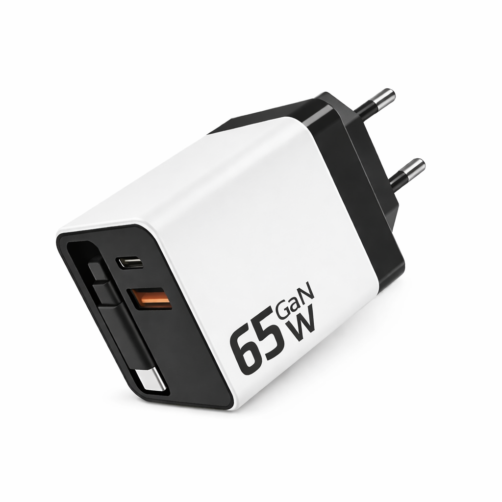 SZYBKA ŁADOWARKA Z KABLEM PD 65W WBUDOWANY ZWIJANY KABEL USB-C GaN