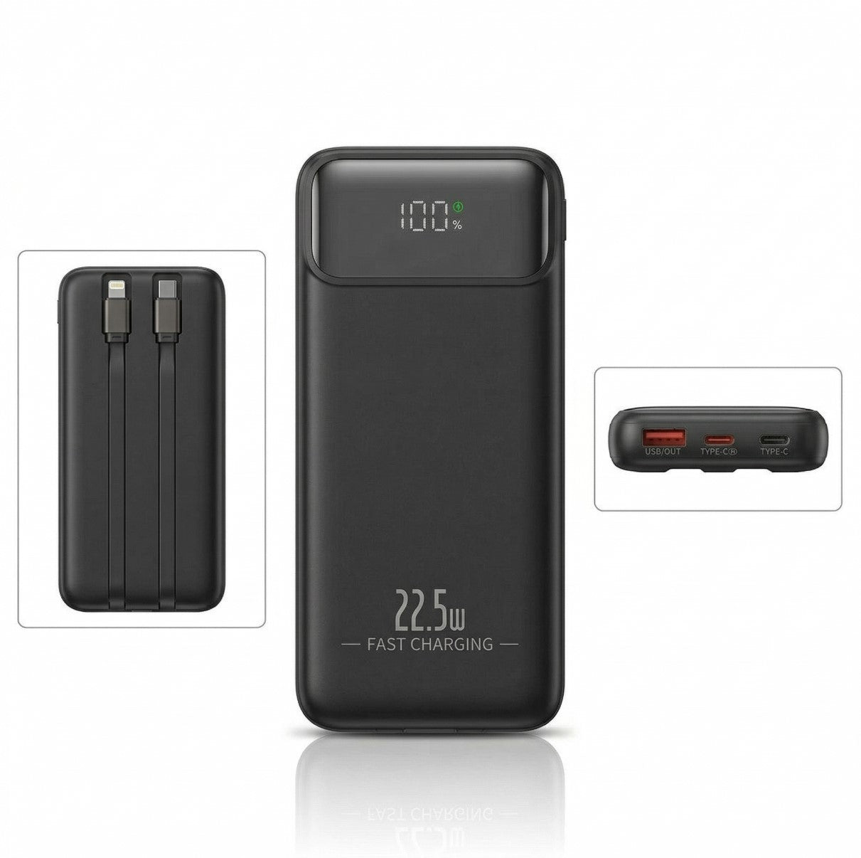 Powerbank 20000 mAh 22.5W Szybkie ładowanie Wbudowane kable LED Czarny Hit