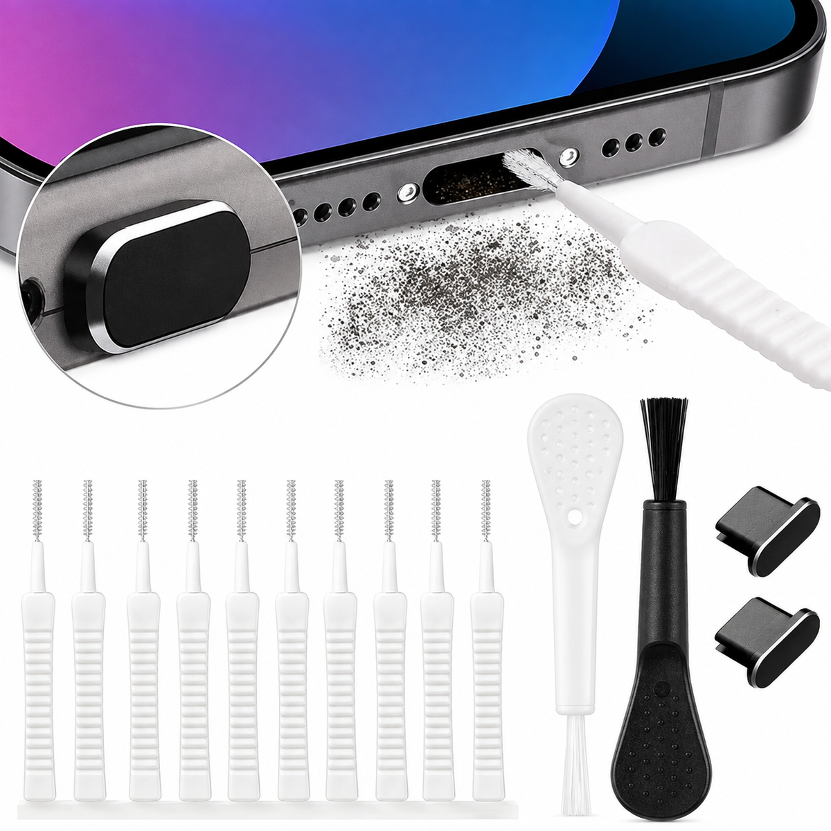CZYŚCIK DO PORTU ŁADOWANIA USB-C DO TELEFONU SZCZOTECZKI 2 ZAŚLEPKI 14 EL
