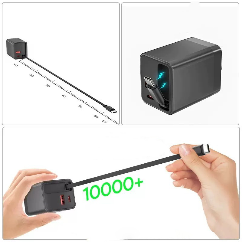 SZYBKA ŁADOWARKA Z KABLEM PD 65W WBUDOWANY ZWIJANY KABEL USB-C GaN