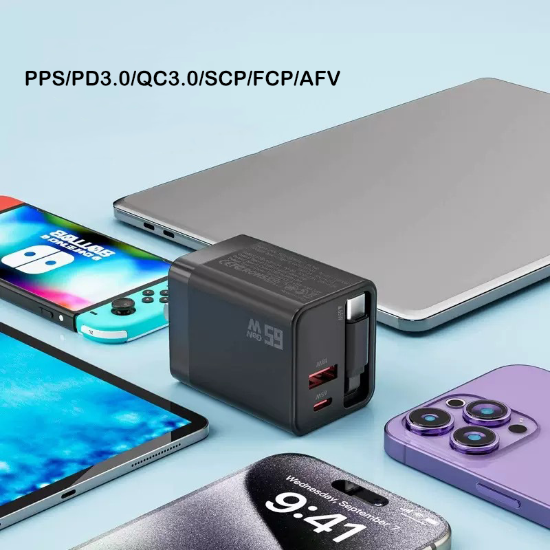 SZYBKA ŁADOWARKA Z KABLEM PD 65W WBUDOWANY ZWIJANY KABEL USB-C GaN