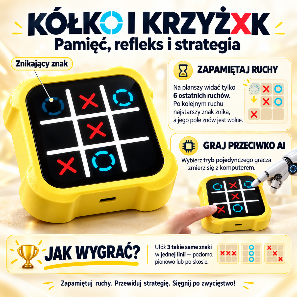 Kółko i krzyżyk gra elektroniczna 4w1 z 4 trybami rozgrywki dziecięca żółta