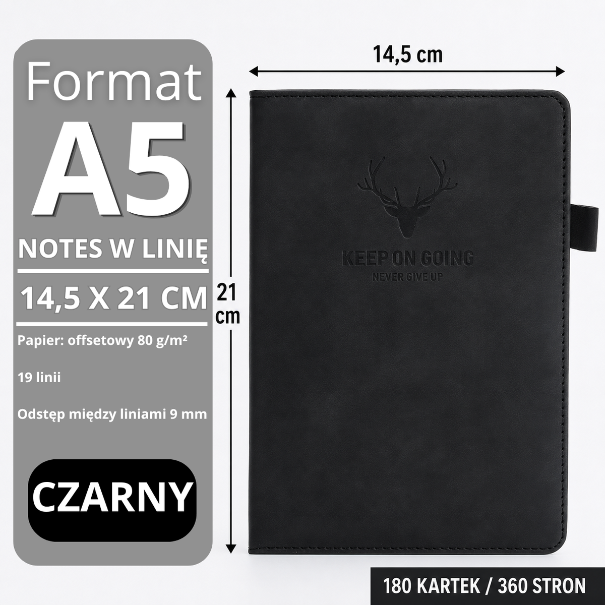 NOTATNIK A5 NOTES 360 STRON W LINIE PAMIĘTNIK DZIENNIK TWARDA OPRAWA CZARNY