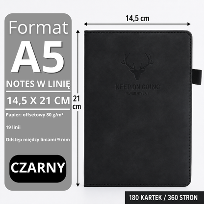 NOTATNIK A5 NOTES 360 STRON W LINIE PAMIĘTNIK DZIENNIK TWARDA OPRAWA CZARNY