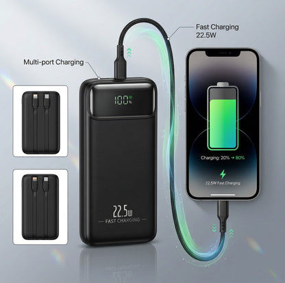Powerbank 20000 mAh 22.5W Szybkie ładowanie Wbudowane kable LED Czarny Hit